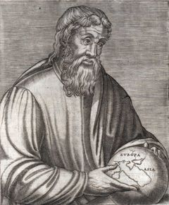 The Ancient Greek geographer Strabo holding a globe showing Europa and Asia