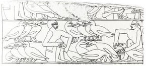 A bas relief depiction of overfeeding geese