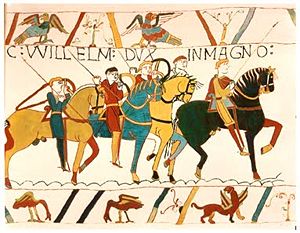 The Bayeux Tapestry depicts the Battle of Hastings and the events leading to it.