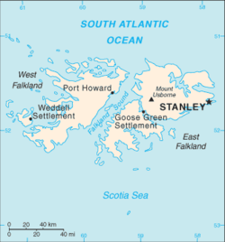 Map of the Falkland Islands showing position of Stanley.