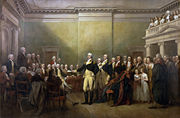Depiction by John Trumbull of Washington resigning his commission as commander-in-chief.