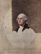 In 1796, Gilbert Stuart painted this famous portrait of Washington from life, and then used the unfinished painting to create numerous others, including the image used on the U.S. one-dollar bill.
