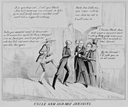 Uncle Sam and his ServantsAn anti-Tyler satire lampoons President Tyler's efforts to secure a second term against challengers Whig Henry Clay and Democrat James K. Polk. Clay, Polk, John C. Calhoun and Andrew Jackson attempt to get in as Tyler pushes the door shut on them. Uncle Sam demands that Tyler stop and let Clay in.
