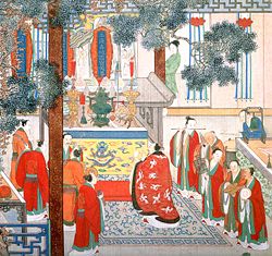 Detail of circa 1700 painting of a Taoist ritual for the dead, illustrating a scene from The Plum in the Golden Vase.  Note the plaques at the back of the altar of the Three Purities, and the various ritual implements including incense burner and ritual sword on the right.  (According to the novel the sword is engraved with the seven stars of the big dipper.)  Bowls hold food offerings for the deceased woman, Li Ping'er.