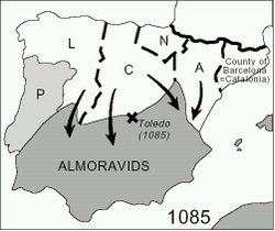 Map of the Iberian Peninsula at the time of the Almoravid arrival in the 11th century- Christian Kingdoms included Aragón, Castile, Leon, Navarre, and Portugal