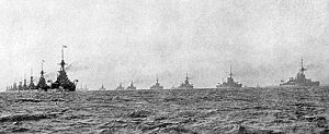 The British Grand Fleet steaming in parallel columns at the outbreak of war in 1914