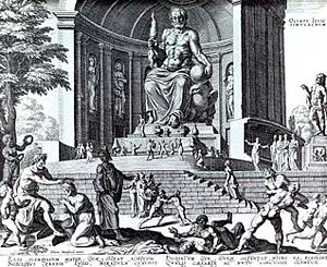 A fanciful reconstruction of Phidias' statue of Zeus, in an engraving made by Philippe Galle in 1572, from a drawing by Maarten van Heemskerck.