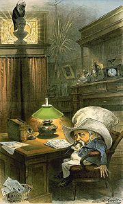 The RavenAn 1890 Puck cartoon depicts Harrison at his desk wearing his grandfather's hat which is too big for his head, suggesting that he is not fit for the presidency. Atop a bust of William Henry Harrison, a raven with the head of Secretary of State James G. Blaine gawks down at the President, a reference to the famous Edgar Allan Poe poem "The Raven." Blaine and Harrison were both at odds over the recently proposed McKinley Tariff.