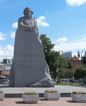 Memorial to Karl Marx in Moscow. The inscription reads "Пролетарии всех стран, соединяйтесь!" (Proletarians of all countries unite!)