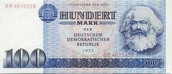 100 Mark der DDR note used in the German Democratic Republic. 100 Mark banknotes with Marx's portrait were current from 1964 until monetary union with West Germany in July 1990.
