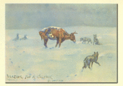 Waiting for a Chinook, by C.M. Russell, depicting wolves harassing a steer.