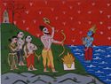 Parasurama, surrounded by settlers, commanding Varuna to part the seas and reveal Kerala.