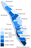 Population density map of Kerala graded from darkest shading (most dense) to lightest (least dense).