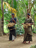 Rural women processing coir threads.