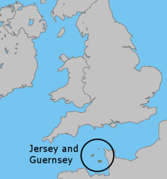 A map of the channel Islands, located between southern Great Britain and Northern France.