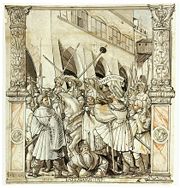 The Humiliation of Valerian by Shapur (Hans Holbein the Younger, 1521, pen and black ink on a chalk sketch, Kunstmuseum Basel).