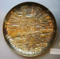 Hunting scene on a gilded silver bowl showing king Khosrau I