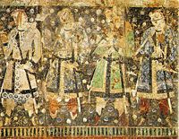Sassanid influence didn't remain confined to its borders. In this depiction from Qizil, Tarim Basin China, The "Tocharian donors", are dressed in Sassanid style