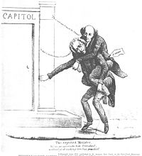 1832 Whig cartoon shows Jackson carrying Van Buren into office