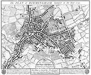 William Westley's 1731 map of Birmingham. The top of the map is orientated westwards.