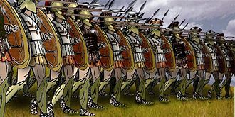 Modern drawing of a phalanx. The hoplites, with the exception of the Spartans, were not actually as uniformly equipped as depicted because each soldier would buy his own arms and decorate them at his discretion.