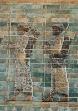 Immortal lancers, detail from the archers' frieze in Darius' palace, Susa. Silicious glazed bricks, c. 510 BC. Louvre
