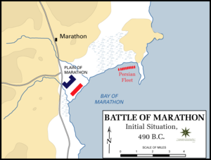 The initial positions of the troops before the clash. The Greeks (blue) have pulled up their wings to bolster the corners of their significantly smaller centre in a ]] shape. The Persian fleet (red) waits some way off to the east. This great distance to the ships played a crucial role in the later stages of the battle.