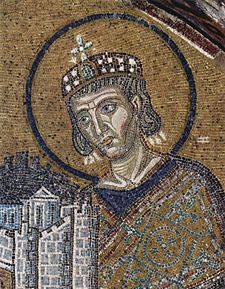 Constantine the Great summoned the bishops of the Christian Church to Nicaea to address divisions in the Church. (mosaic in Hagia Sophia, Constantinople, c. 1000).