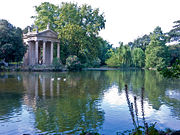 Villa Borghese: the 19th century "Temple of Aesculapius" built purely as a landscape feature, influenced by the lake at Stourhead, Wiltshire, England