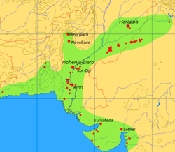 Extent and major sites of the Indus Valley Civilization. The shaded area does not include recent excavations such as Rupar, Balakot, Shortughai in Afghanistan, Manda in Jammu, etc. See [1] for a more detailed map.
