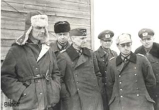 German POWs: Field Marshal Friedrich Paulus (centre) with his general staff.