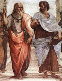 Plato (left) and Aristotle (right), a detail of The School of Athens, a fresco by Raphael. Aristotle gestures to the earth, representing his belief in knowledge through empirical observation and experience, while holding a copy of his Nicomachean Ethics in his hand, whilst Plato gestures to the heavens, representing his belief in The Forms.