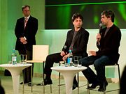 Left to right, Eric E. Schmidt, Sergey Brin and Larry Page