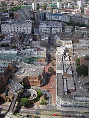Looking across the Broadmead Shopping Centre from a balloon at 500 feet (150 m)