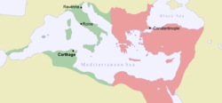 Byzantine Empire in 550. The re-conquests of Justinian I are in green