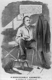A Serviceable Garment or Reverie of a BachelorAn 1856 cartoon by Nathaniel Currier depicts Buchanan sitting in his room examining the "Cuba" patch he has sewn on his jacket. As Minister to Britain, he pressed unsuccessfully for the purchase of Cuba in what is known as the Ostend Manifesto.