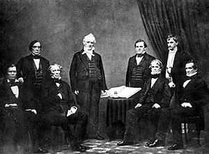 President Buchanan and his CabinetFrom left to right: Jacob Thompson, Lewis Cass, John B. Floyd, James Buchanan, Howell Cobb, Isaac Toucey, Joseph Holt and Jeremiah S. Black, (c. 1859)
