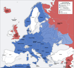 German and Axis allies' conquests (in blue) in Europe during World War II