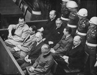The accused at the Nuremberg Trials. The main target of the prosecution was Hermann Göring (at the left edge on the first row of benches), considered to be the most important surviving official in the Third Reich after Hitler's death.