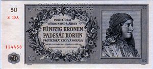 A 50 Korun note of Protectorate of Bohemia and Moravia.