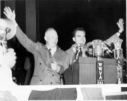 Dwight Eisenhower and Richard Nixon at a campaign stop for the presidential election of 1952