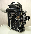 A 16 mm spring-wound Bolex H16 Reflex camera, a popular introductory camera in film schools