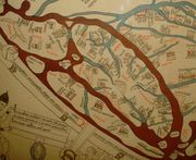 Detail of the Hereford Mappa Mundi, Edinburgh is clearly labeled on this T and O map of the British isles from c. 1300