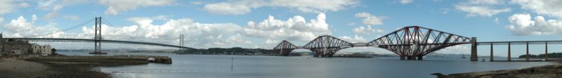 Panoramic view of the Forth Road Bridge (left) and Forth Bridge (right) overlooking the Firth of Forth towards North Queensferry (Fife) from South Queensferry.