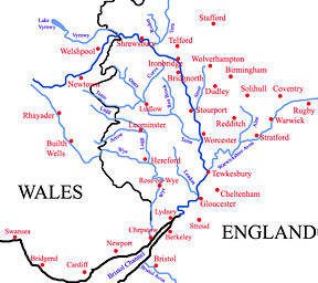 Tributaries and major settlements on and near the Severn.