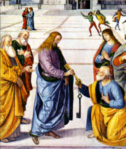 This detail of a fresco (1481–82) by Pietro Perugino in the Sistine chapel shows Jesus giving the keys of heaven to Saint Peter.