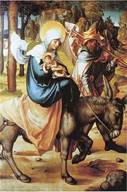 Mary, Joseph, and the child Jesus during the flight into Egypt are depicted in a panel from Albrecht Dürer's Seven Sorrows of the Virgin (c. 1494–97).