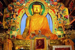 A statue of the Sakyamuni Buddha in Tawang Gompa, India.