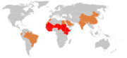 Demography of meningococcal meningitis. Red: meningitis belt, orange: epidemic meningitis, grey: sporadic cases