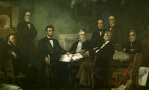 Lincoln met with his cabinet on July 22, 1862 for the first reading of a draft of the Emancipation Proclamation. Use a cursor to identify who is in the picture.